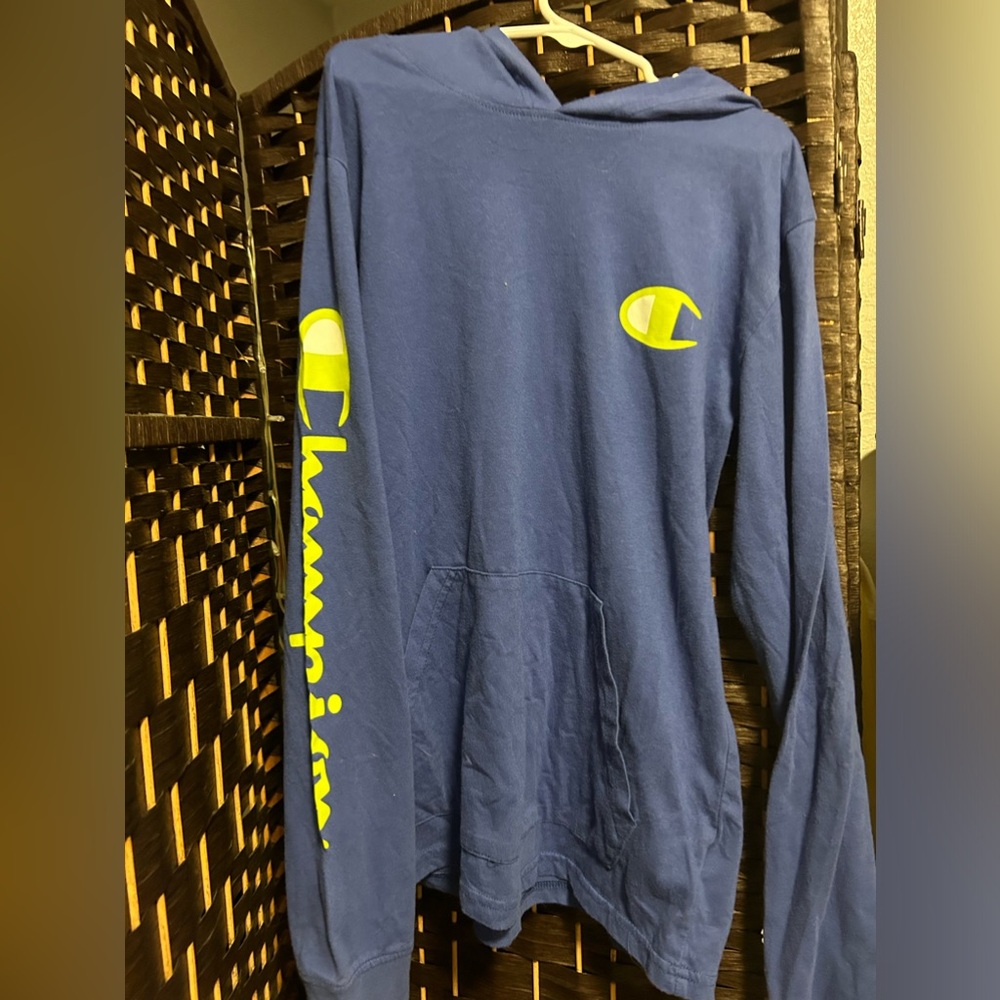 Champion thin long sleeve hoodie boys size large - blue and lime green writing